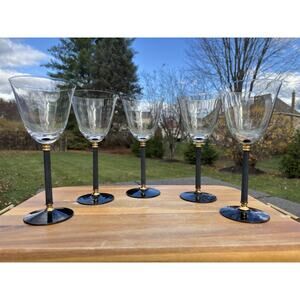 Sasaki Tucano Black Stem Gold Accent Wine Water Glasses 11oz 8-5/8” ~Set of 5